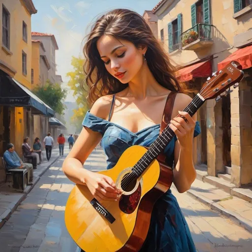 Prompt: In the warm embrace of the afternoon sun, vision of beauty serenades bustling street. Her fingers dance across the guitar strings, Each stroke of her hand is a painter's brush on canvas, every note a tender caress ,  thick oil painting style,In impasto painting, artists apply thick layers of paint to their canvases to produce a heavy texture that makes brush strokes and knife strokes more visible.