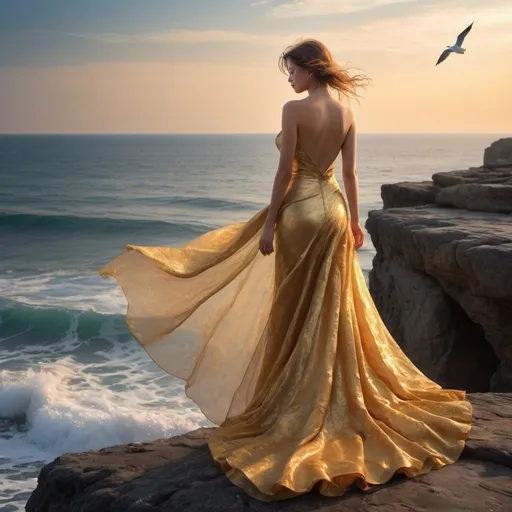 Prompt: Perched upon the craggy embrace of the cliff, she is a vision in sun-kissed gold. The sea below whispers secrets to the shore, an endless conversation that dances to the rhythm of the waves. Her gown, a cascade of golden sunlight, flutters in the tender caress of the sea breeze, a silent symphony of color against the azure expanse.Her silhouette, a solitary grace against the vastness of sea and sky, speaks to the yearning of the horizon. The world seems to pause, holding its breath at the sight of her contemplative beauty. Seagulls wheel overhead, their cries a testament to the freedom that surrounds her.