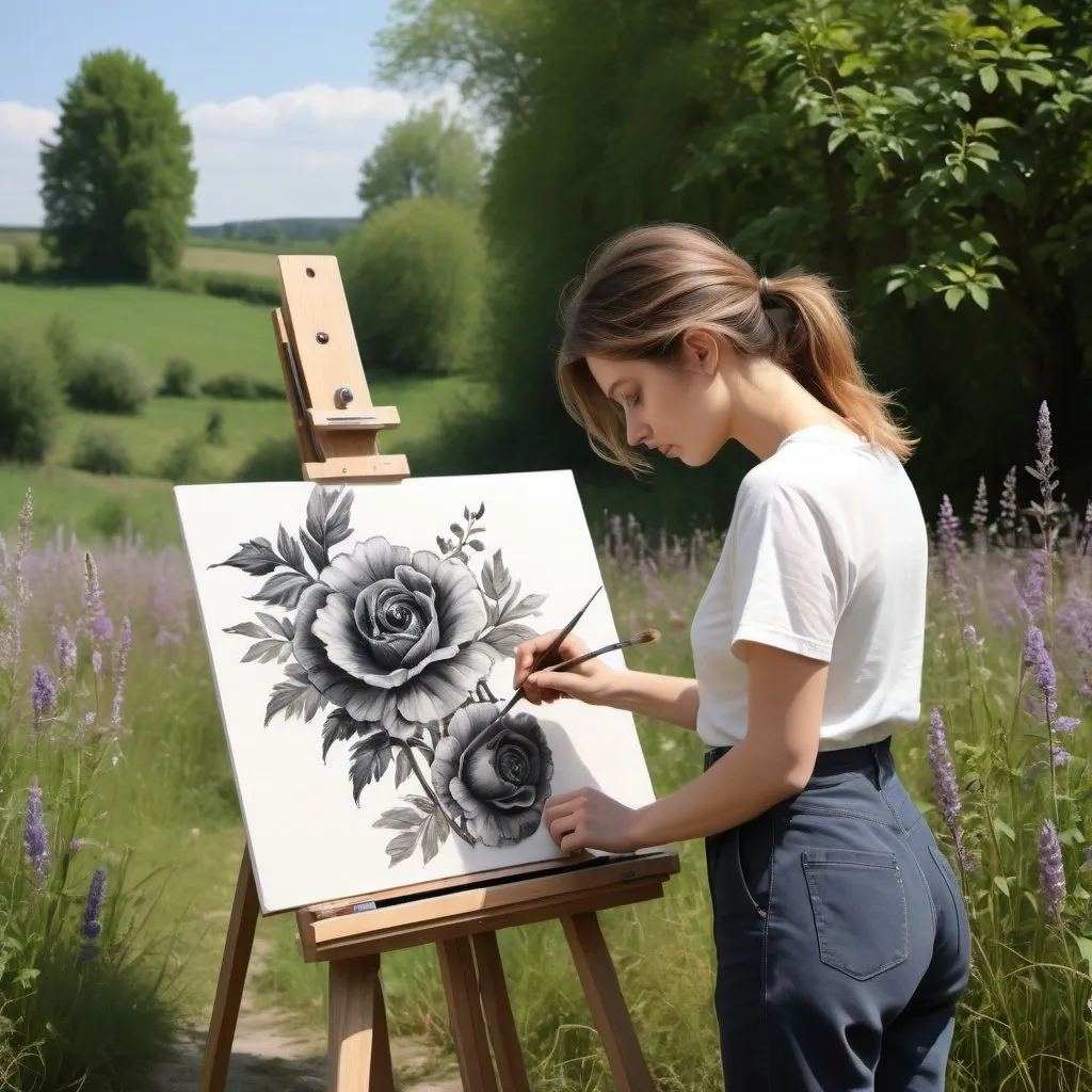 Prompt: Image des artistes peintres, en plein nature, ils dessinent debout devant leurs tableaux qui sont posés sur des chevalets, des dessins de paysage, la scène se déroule dans un paysage fleuri, ceci avec des tourbillons de peinture au couteau à palettes torsadées, une texture de peinture épaisse et détaillée, des ombres réalistes, un style de texture épaisse à empâtement