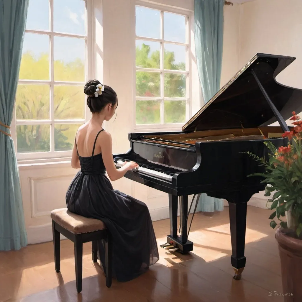 Prompt: 1girl, window, instrument, sitting, dress, piano, indoors, solo, chair, hair_bun, music, flower, black_hair, playing_instrument, black_dress, single_hair_bun, vase, day, painting_(object), plant, tree, bare_shoulders, impressionism 