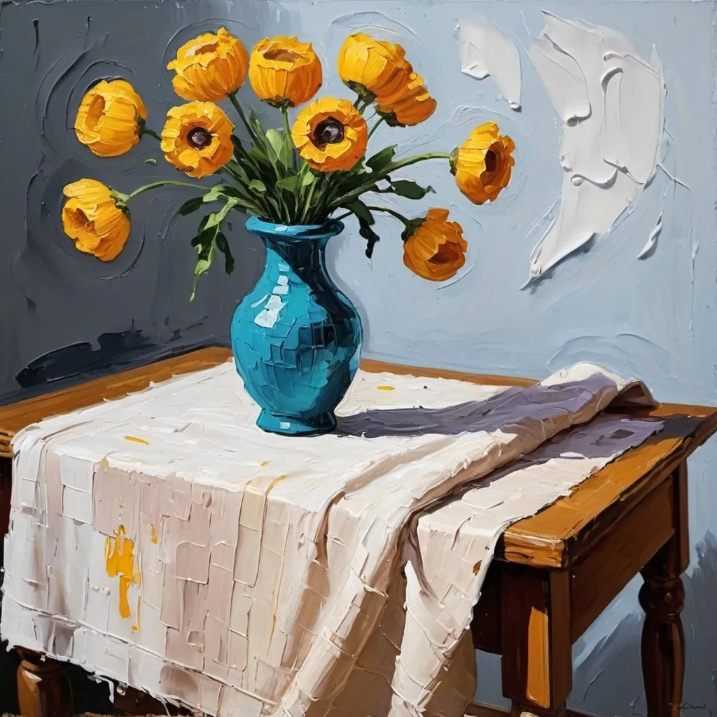 Prompt: thick impasto oil painting of a 
table with a cloth and a vase on it, thick bumpy paint strokes