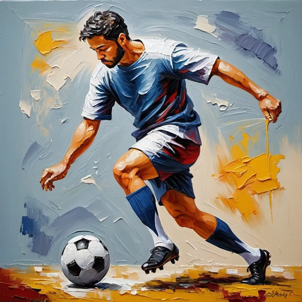 Prompt: Footed ball Player , thick oil painting style,In impasto painting, artists apply thick layers of paint to their canvases to produce a heavy texture that makes brush strokes and knife strokes more visible. 