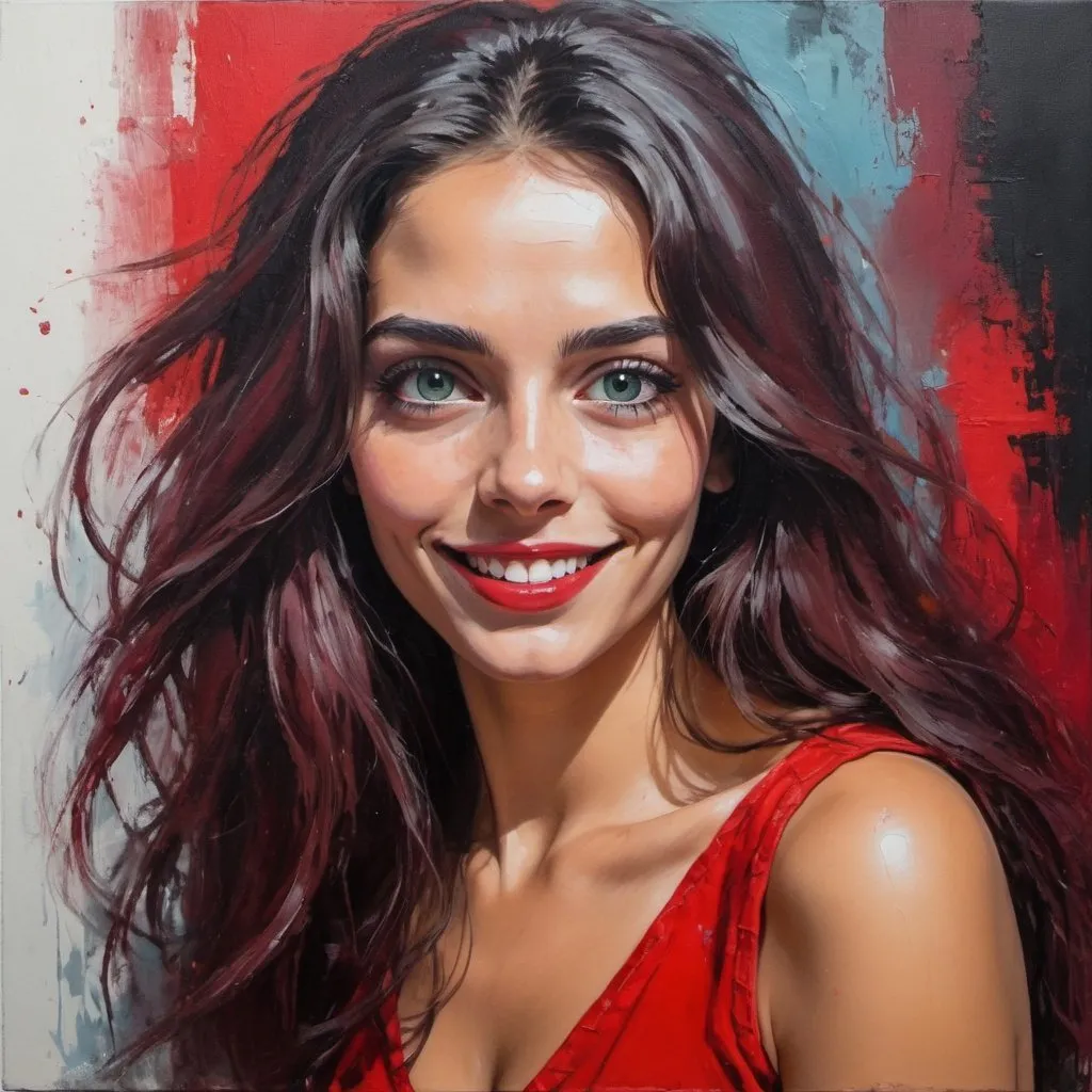 Prompt: Portrait féminin, un pinceau audacieux et expressif, peinture acrylique épaisse et épaisse, belle femme, de longs cheveux noirs, Yeux regardant la caméra, souriant, Robe rouge, Couleurs vives.