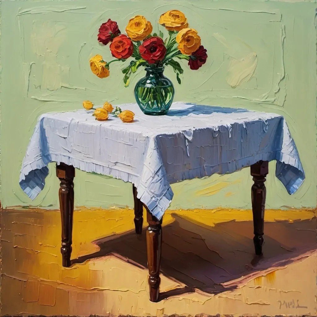 Prompt: thick impasto oil painting of a 
table with a cloth and a vase on it, thick bumpy paint strokes