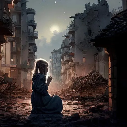 Prompt: dépeignant la tristesse d'une belle jeune fille, assise et pleurant, au milieu d'une ville en ruine bombardée au milieu de la nuit. Imaginez la jeune fille dans un moment de contemplation, entourée par la dévastation de la guerre, avec des débris et des ruines exprimant un sentiment de perte et désolation.Capturez l'expression de la jeune fille, révélant un mélange de chagrin et de résilience, alors qu'elle navigue à travers les vestiges , Chef-d'œuvre, Beau et esthétique, 16K, (HDR : 1.4), Contraste élevé, Bokeh : 1,2,, (Couleurs vibrantes : 1,4), (Couleurs sourdes, Couleurs tamisées, Tons apaisants :0), Détails et textures exquis, Cinématique, Ton chaud, (Lumineux et intense : 1,2), Plan large, texte : 'par jessNjord', Illustration ultra réaliste,, (thème dark fantasy : 1.2), (dark art : 1.1), ((feu)), ((brouillard, brumeux)), ((éclairage nocturne doux)) )))