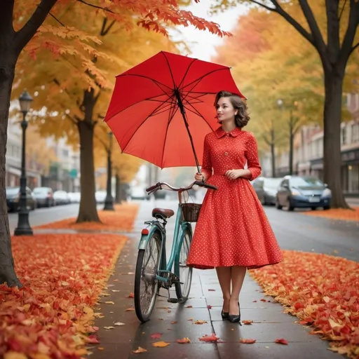 Prompt: A fashionable woman in a polka dot dress poses on a vibrant red umbrella, capturing the essence of a sunny day. The sidewalk, adorned with a carpet of colorful autumn leaves, serves as the perfect backdrop. In the distance, a vintage bicycle adds a touch of nostalgia. This photo would be best captured with a DSLR camera, using a wide-angle lens to capture the full scene and vibrant colors. The style should be reminiscent of street photography, with a focus on capturing candid moments and the energy of the environment. Emphasize the contrast between the woman's stylish outfit and the natural elements surrounding her. Capture her dynamic poses and expressive facial expressions, highlighting her confidence and individuality. This prompt is ideal for a fashion-forward, autumn-inspired photoshoot.