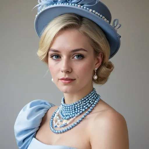 Prompt: Portrait photographique d&#39;une magnifique jeune femme blonde parfaitement habillée pour Royal Ascot avec des perles et une robe bleue ultraconservatrice à manches courtes bouffantes.