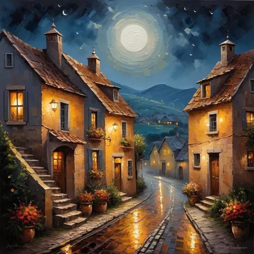 Prompt: Moonlit landscape captured, quaint village nestled at the foot of rolling hills, couples walking under a starry sky, an aura of romance pervading the oil painting, rich texture emphasizing the romantic nocturnal atmosphere, traditional attire, cobblestone paths weaving through cozy homes, warm light emanating from windows, strong sense of community, magical realism, dramatic lighting, ultra fine details, breathtaking, thick oil painting style,In impasto painting, artists apply thick layers of paint to their canvases to produce a heavy texture that makes brush strokes and knife strokes more visible. 