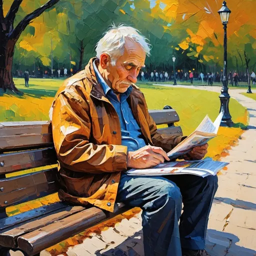 Prompt: Une image très détaillée d'un vieil homme assis sur un banc de parc lisant un journal, painting in a palette knife style, bold and expressive brushstrokes, impressionist technique, dynamic strokes, vibrant colors, figurative art, intricate oil painting, an ultrafine detailed painting