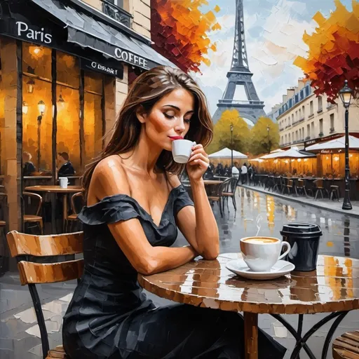 Prompt: Beautiful woman sitting alone sipping coffee outside at a Paris café, thick oil painting style,In impasto painting, artists apply thick layers of paint to their canvases to produce a heavy texture that makes brush strokes and knife strokes more visible. 