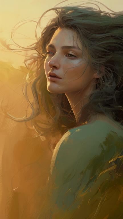 Prompt: lady with flowing hair in Greenish landscape, painting, abstract, sketch, impressionism,  clothing, blown hair, sun-soaked landscape, warm earth tones, golden hour lighting, detailed facial features, best quality, sharp focus, better hand, perfect anatomy, acrylic painting, 8K Ultra HD, greenish landscape, flowing hair, warm tones, golden hour, detailed facial features, professional, warm lighting