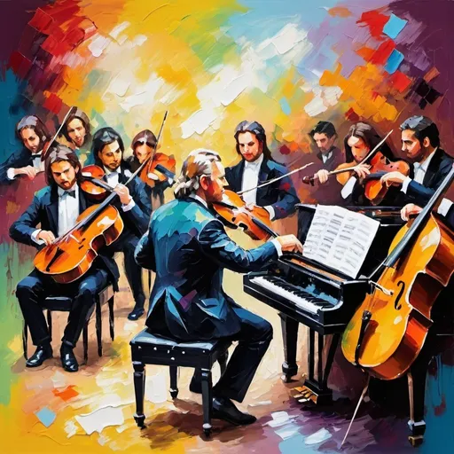 Prompt: Bach concerto for chamber orchestra and piano for four hands, 
painting in a palette knife style, bold and expressive brushstrokes, impressionist technique, dynamic strokes, vibrant colors. 