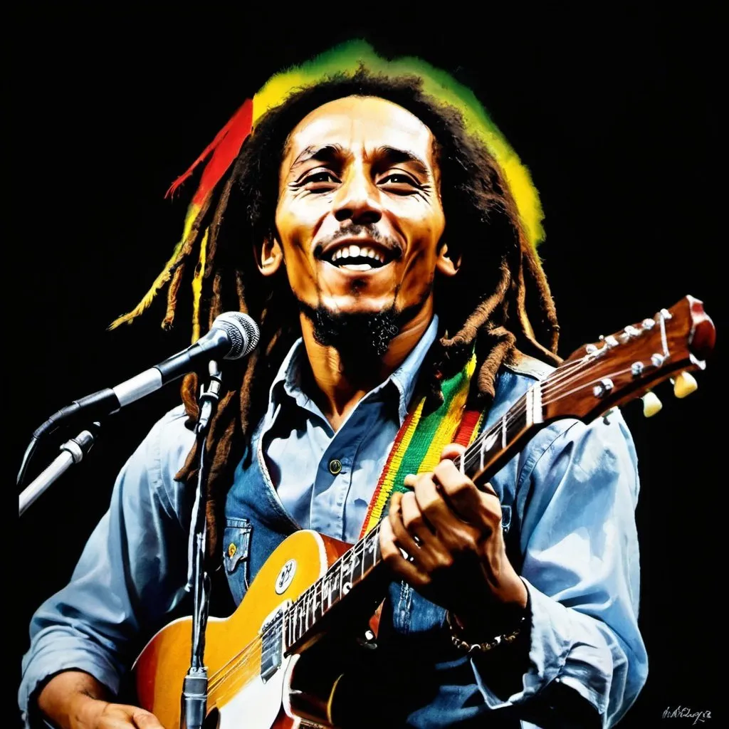 Prompt: Travail au pinçeau,acrylique, Bob Marley, Photographie de concert des années 70,image sur un fond artistique profond, Reggae, sur fond noir, Bob Marley jouant de la guitare, Reggae art, avec un brillant, jouer de la guitare sur scène, lumières de scène de couleurs vives