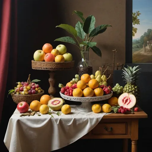 Prompt: Nature morte, It depicts a scene where various fruits are displayed.