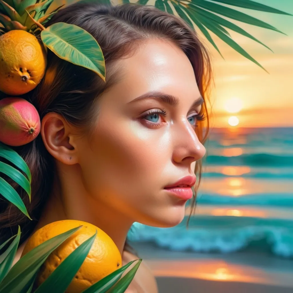 Prompt: create a beautiful profile of a woman's face using only tropical fruits, tropical flowers, and leaves. Double exposure with a tropical beach at sunset. Dreamy pastel background with shadows and reflections . style of van gogh