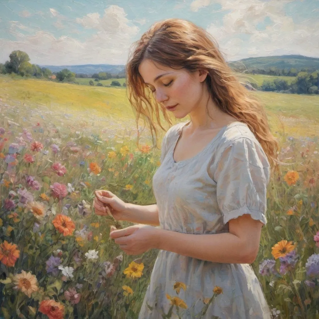 Prompt: A young woman in a field of flowers, picking flowers, happy, Impressionist, soft colors, bright light, detailed, high resolution, Textured expressionist impasto with visible oil paint and brush strokes. A masterpiece