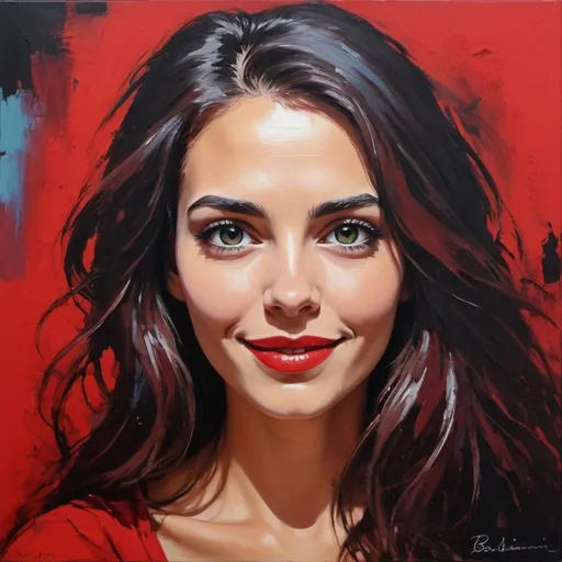 Prompt: Portrait féminin, un pinceau audacieux et expressif, peinture acrylique épaisse et épaisse, belle femme, de longs cheveux noirs, Yeux regardant la caméra, souriant, Robe rouge, Couleurs vives.