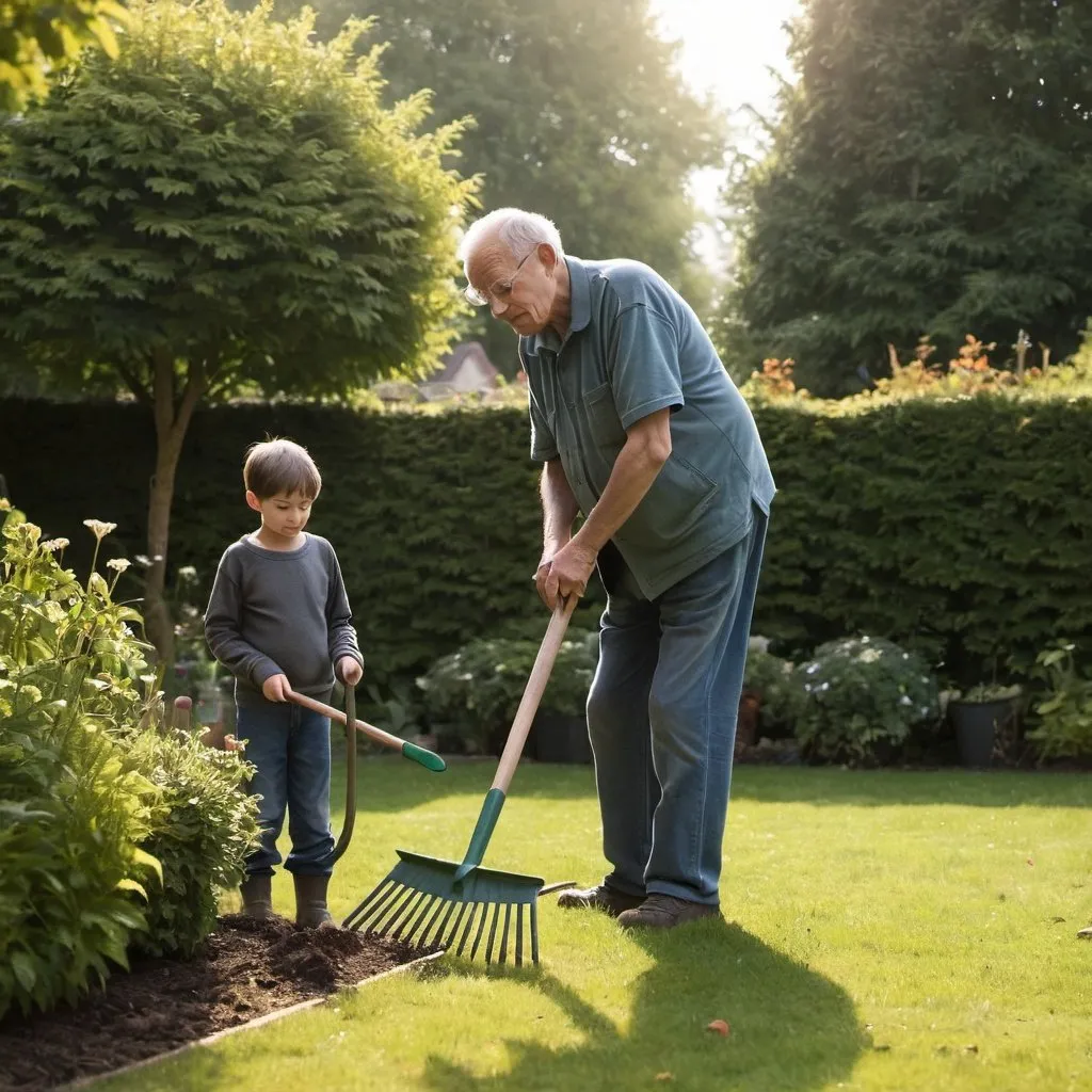 Prompt: In a small country garden, early in the morning, a grandfather is doing rake work when his teenage boy grandson comes to him.