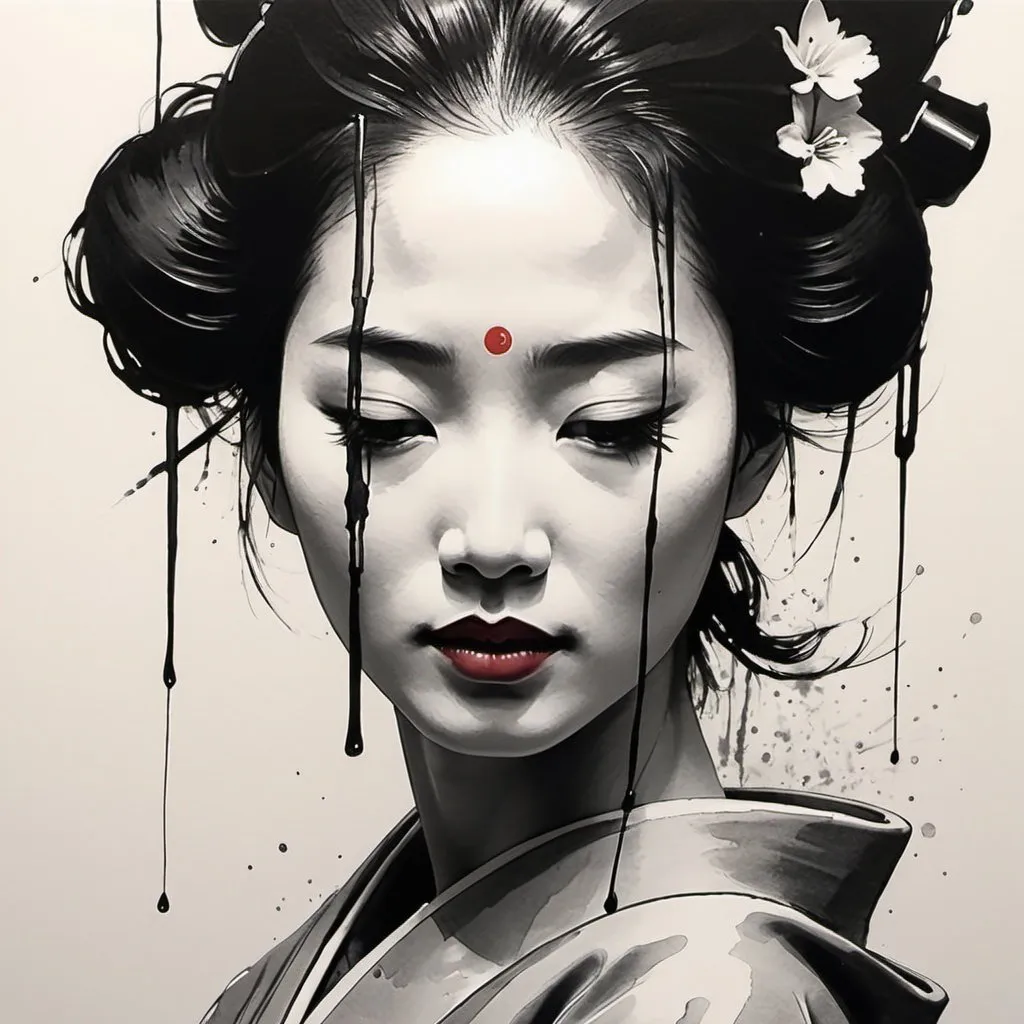 Prompt: A minimalist ink draw painting, a close-up of a beautiful geisha emerges from the paper, defined by delicate, dripping lines of ink. Her serene yet fierce expression is captured with a few precise strokes, with the ink dripping gently to suggest depth and emotion.