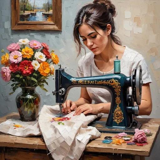 Prompt: 
a painting of a woman sewing on a table 
Sitting in front of a sewing machine،With flowers in a vase, impressionism, thick oil painting style,In impasto painting, artists apply thick layers of paint to their canvases to produce a heavy texture that makes brush strokes and knife strokes more visible. 
