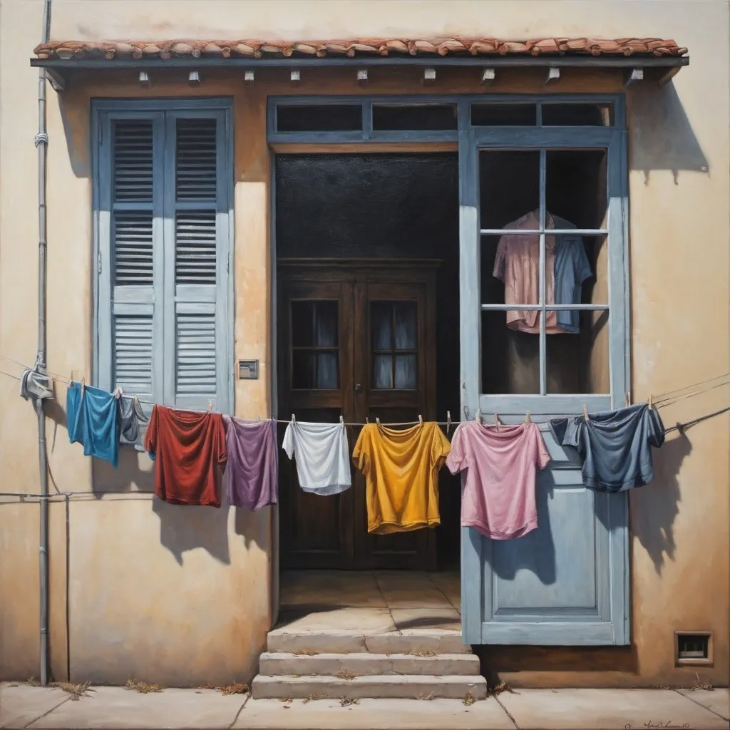 Prompt: a painting of clothes hanging out to dry on a clothesline outside a building with a door and window, figurative art, detailed oil painting, an oil on canvas painting