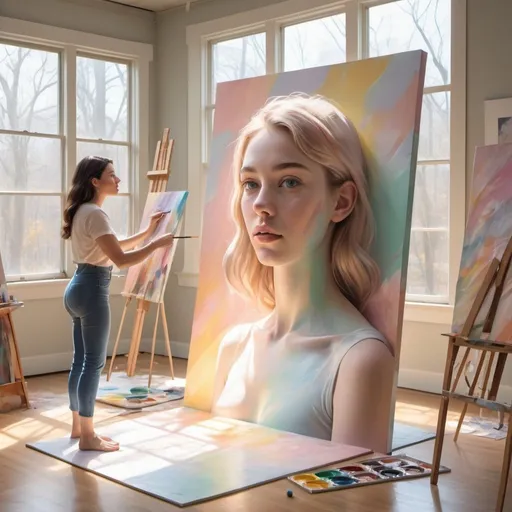 Prompt: Create an image of a young woman emerging from a life-size art canvas in three dimensions. She is being painted by another young woman in beautiful pastel colors. Set it in an art studio with sunlight filtering through the windows and art supplies scattered about.