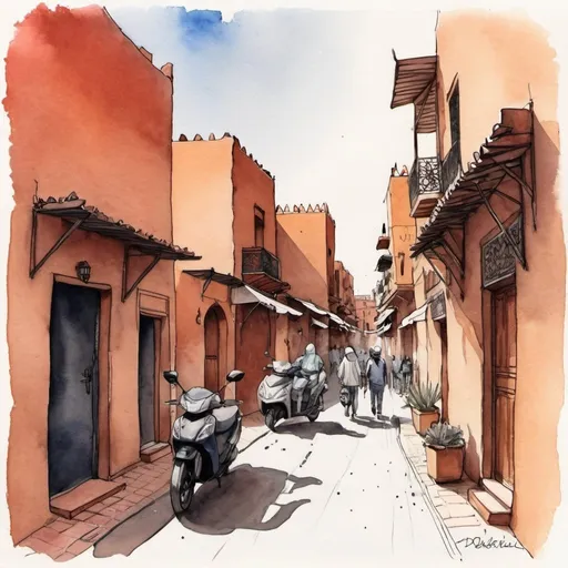 Prompt: les rues de Marrakech-Ville, dessin à l'encre aquarelle illuminé et fantastique, style brut 