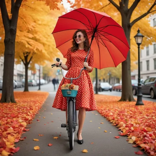 Prompt: A fashionable woman in a polka dot dress poses on a vibrant red umbrella, capturing the essence of a sunny day. The sidewalk, adorned with a carpet of colorful autumn leaves, serves as the perfect backdrop. In the distance, a vintage bicycle adds a touch of nostalgia. This photo would be best captured with a DSLR camera, using a wide-angle lens to capture the full scene and vibrant colors. The style should be reminiscent of street photography, with a focus on capturing candid moments and the energy of the environment. Emphasize the contrast between the woman's stylish outfit and the natural elements surrounding her. Capture her dynamic poses and expressive facial expressions, highlighting her confidence and individuality. This prompt is ideal for a fashion-forward, autumn-inspired photoshoot.