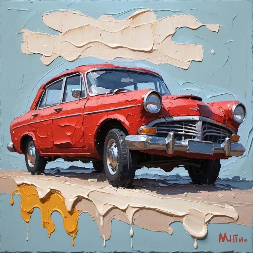 Prompt: thick impasto oil painting of a car, thick bumpy paint strokes