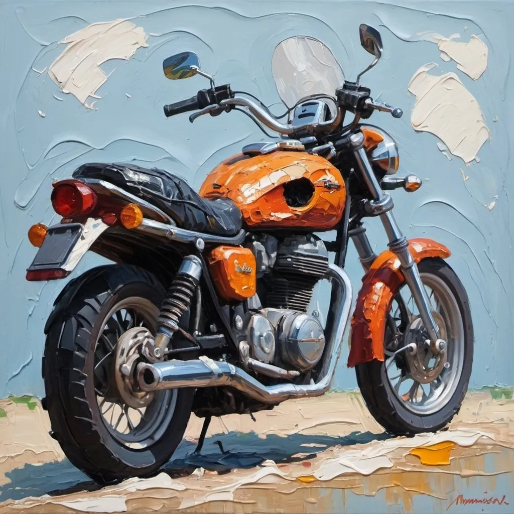Prompt: thick impasto oil painting of a motorcycle, thick bumpy paint strokes 