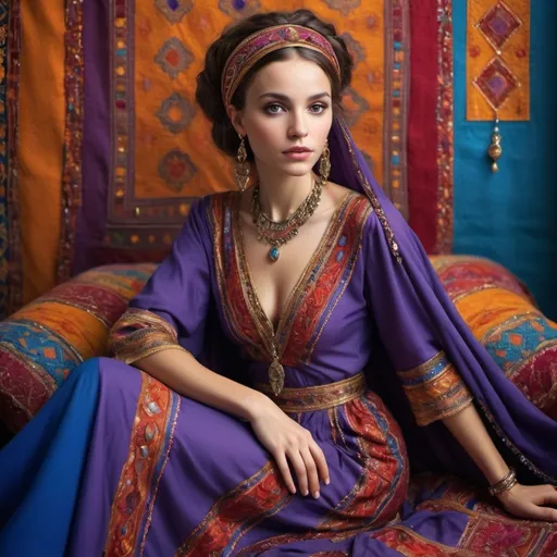 Prompt: Captured in a timeless embrace of culture and beauty, she sits, a vision of grace.Draped in the splendor of ornate fabrics that whisper tales of ancient Moroccan bazaars, her attire is a vibrant tapestry of life its elf-rich purples and deep blues, with patterns that dance with the zest of fiery reds and shimmering golds. Each fold of her dress, a silent sonnet; each glinting adornment, a testament to her elegance. detailed painting, speedpainting, fauvism, painterly