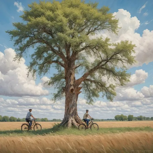 Prompt: two people riding bikes in a field near a tree and a tree trunk with a sky background and clouds, Eric Deschamps, ecological art, wildlife photography, an impressionist painting
