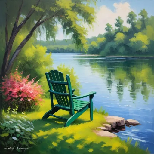 Prompt: a chair facing a serene lake, surrounded by lush greenery. Painted in impressionistic style, reminiscent of Monet's garden scenes. Soft natural lighting and a gentle breeze enhance the serene mood, painting in a palette knife style, bold and expressive brushstrokes, impressionist technique, dynamic strokes, vibrant colors, figurative art, intricate oil painting, an ultrafine detailed painting