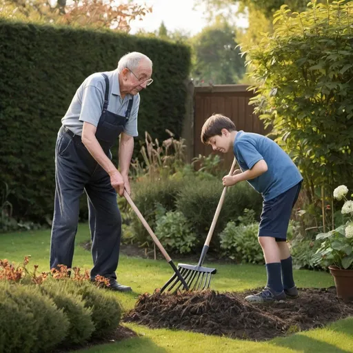 Prompt: In a small country garden, early in the morning, a grandfather is doing rake work when his teenage boy grandson comes to him.