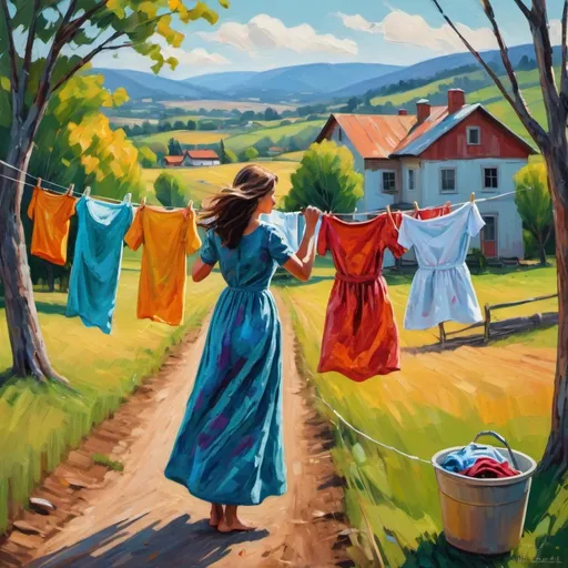 Prompt: A woman wearing a long dress is hanging laundry on a clothesline in a rural setting. The clothes are blowing in the wind. The background is a hilly landscape with trees and houses. The painting is in a figurative art style, painting in a palette knife style, bold and expressive brushstrokes, impressionist technique, dynamic strokes, vibrant colors. 