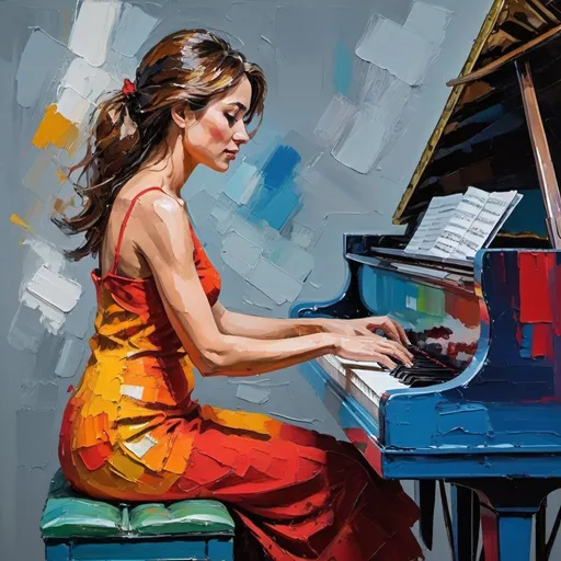 Prompt: a woman sitting at a piano
painting in a palette knife style, bold and expressive brushstrokes, impressionist technique, dynamic strokes, vibrant colors.
figurative art, intricate oil painting, an ultrafine detailed painting