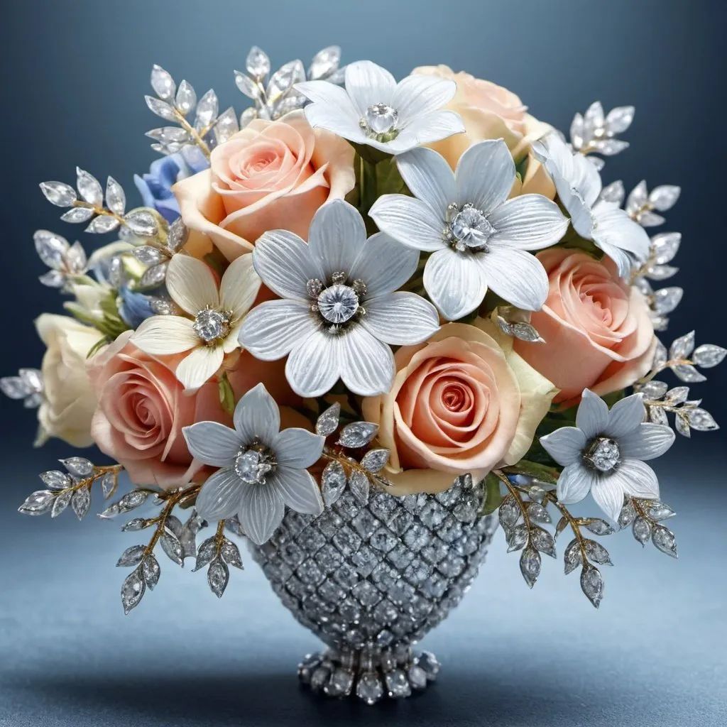 Prompt: reastic image of a bouquet of flowers made of diamonds