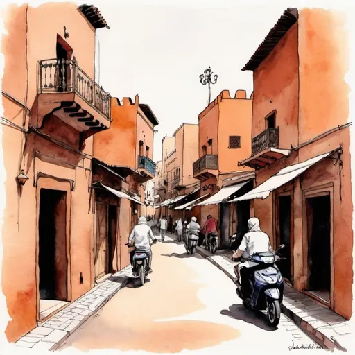 Prompt: les rues de Marrakech-Ville, dessin à l'encre aquarelle illuminé et fantastique, style brut 