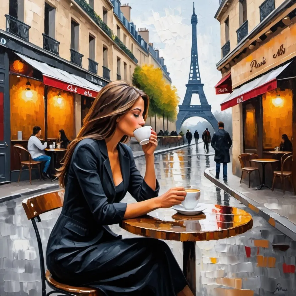 Prompt: Beautiful woman sitting alone sipping coffee outside at a Paris café, thick oil painting style,In impasto painting, artists apply thick layers of paint to their canvases to produce a heavy texture that makes brush strokes and knife strokes more visible. 