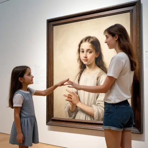 Prompt: In an art museum, a girl drawn on a large painting extends her hand and comes out of the frame of the painting to touch the hand of a visitor to the exhibition who greets her, three-dimensional.