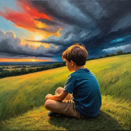 Prompt: Boy sitting cross-legged on a grassy knoll, a turbulent sky in the background with a hint of sunset peeking through the dark clouds, crayon sketch, thick outlines, bright primary colors, impressionistic style, ultra-vivid colors, dramatic shadows, detailed textures.
 thick oil painting style,In impasto painting, artists apply thick layers of paint to their canvases to produce a heavy texture that makes brush strokes and knife strokes more visible. 