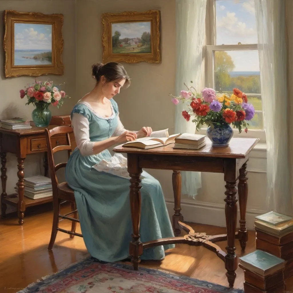 Prompt: a painting of a woman sewing on a table with flowers in a vase and a book on a table, Edward Lamson Henry, american impressionism, thomas kindkade, a fine art painting