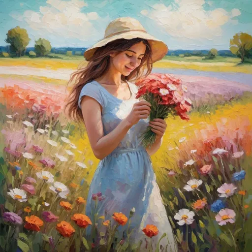 Prompt: A young woman in a field of flowers, picking flowers, happy, Impressionist, soft colors, bright light, detailed, high resolution, Textured expressionist impasto with visible oil paint and brush strokes. A masterpiece