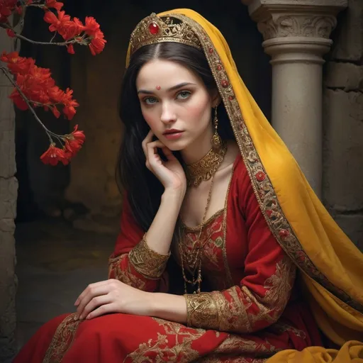 Prompt: Enveloped in the richness of sapphirea nd gold, she sits, a vision of enchantmenta gainst the tapestry of a time-worn room. Herg aze, deep and introspective, beckons like anu ntold story waiting to be whispered to a kindreds pirit. The red scarf, a fiery crown, adorns herw ith a touch of mystery, while the intricatee mbroidery of her attire tells of meticulousc raftsmanship and beauty. Her presence is like averse of poetry in an ancient land, exuding gracew ith every breath, a romantic muse in the midstof bloom and decay, where every crack in the walland petal of yellow blossoms sings of love,longing, and the eternal dance of allure.