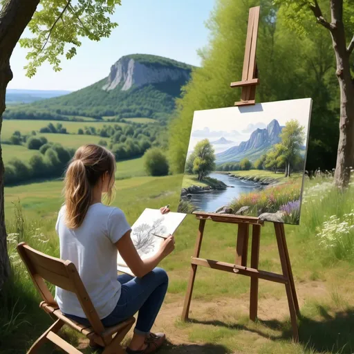 Prompt: Image des artistes peintres, en plein nature, ils dessinent debout devant leurs tableaux qui sont posés sur des chevalets, des dessins de paysage, la scène se déroule dans un paysage naturel fleuri, style réaliste, haute qualité, 8K,Ultra HD, 