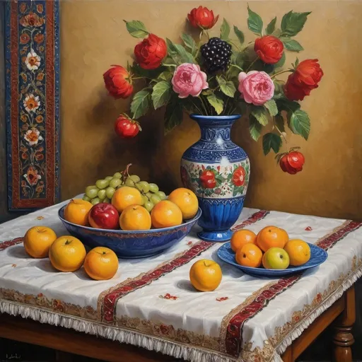 Prompt: a painting of a table with a cloth and a vase on it, and a bowl of fruit on a plate, , qajar art, detailed oil painting, thick oil painting style,In impasto painting, artists apply thick layers of paint to their canvases to produce a heavy texture that makes brush strokes and knife strokes more visible. 