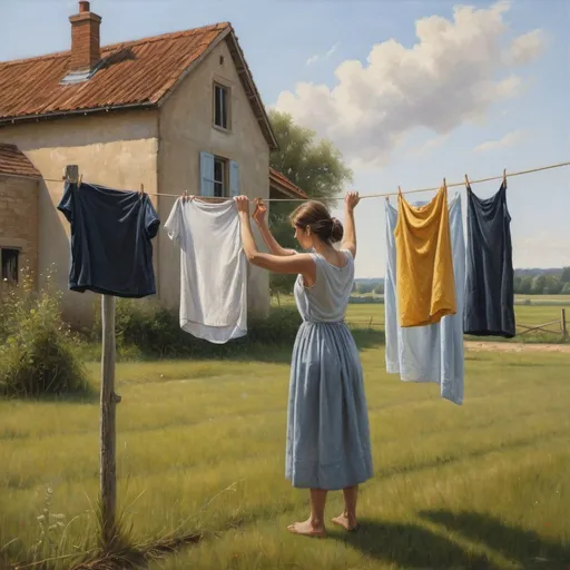 Prompt: a painting of a woman looking at clothes hanging on a line in a field with a house in the background, Art & Language, classical realism, highly detailed oil painting, a fine art painting