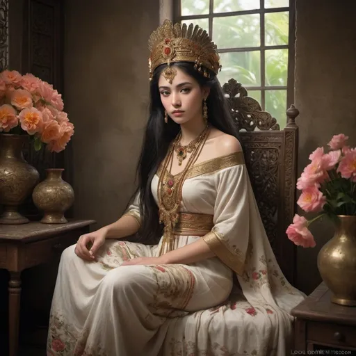 Prompt: In a room draped with the whispers of ancient tales, she sits, a vision woven from the threads of eastern romance. Adorned in garments that tell of empires lost to time, her presence is as commanding as the ornate Potter standing sentinel beside her. Flowers, plucked from the gardens of paradise, grace her hair,crowning her with nature's artistry. Her gaze,deep and unfathomable, holds the secrets of at housand love sonnets, while her hands, delicate as the petals she mirrors, cradle the goldengleam of a heart not yet given.