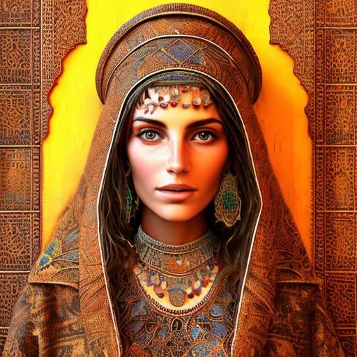 Prompt: a portrait of a traditional Moroccan woman, realism, intricate patterns, vibrant costume, cultural attire, authentic Moroccan garments, high-resolution, oil painting texture, soft natural lighting, detailed jewelry, Berber influence, rich fabrics, market scene background, henna designs, deep cultural heritage, engaging eyes, photorealistic, realist art movement, fine brushwork, warm colors palette, storytelling, artisan craftsmanship, award-winning, National Geographic featured, striking composition, depth of field, by the hands of a master artist, Marrakech ambiance, storytelling through attire, traditional Moroccan life, portrait of pride and grace