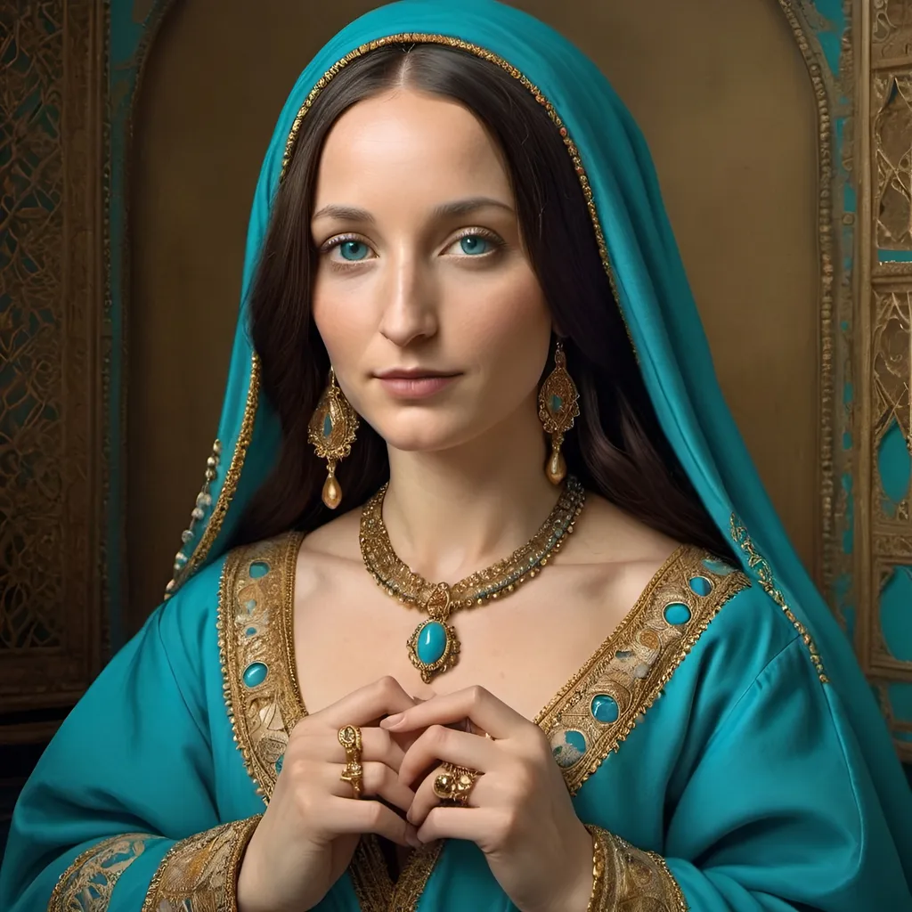 Prompt: La Joconde Monalisa, through facial details.  in traditional Moroccan clothes for women, beautiful ornaments, real hands, turquoise robe, golden embroidery, intricate patterns, elaborate jewelry, henna-adorned hands